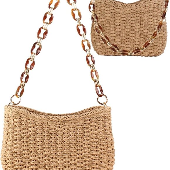 Handbags - Stylish Women's Straw Shoulder Bag with Unique Acrylic Chain - Summer Essential